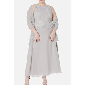 J Kara  Plus Size Beaded Long Dress & Chiffon Scarf | Size 18